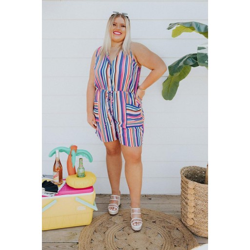 Stripe Romper In Royal   Curves